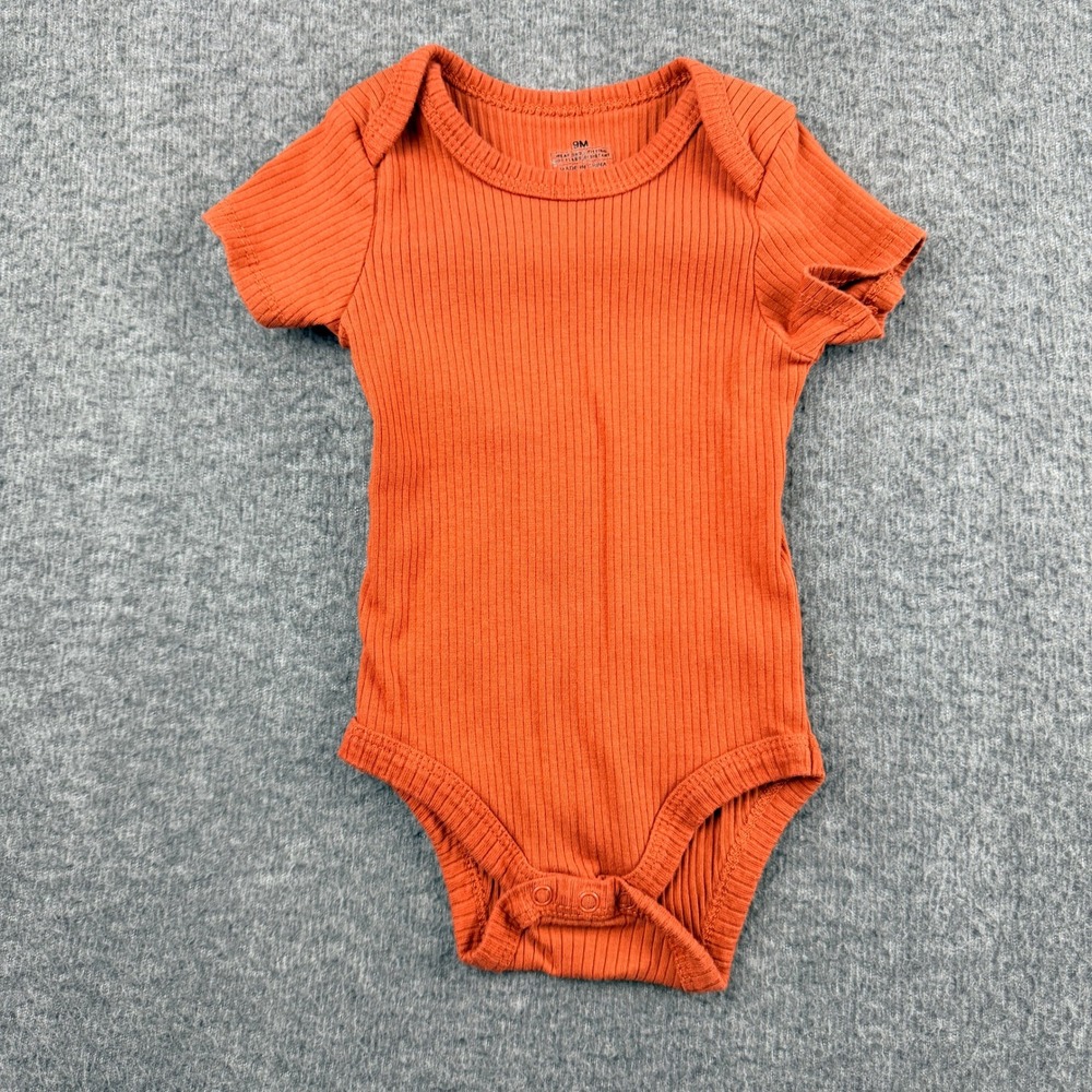 Burnt Orange Ribbed Knit Short Sleeve Baby Bodysuit 9M Snug Fit Cotton Blend